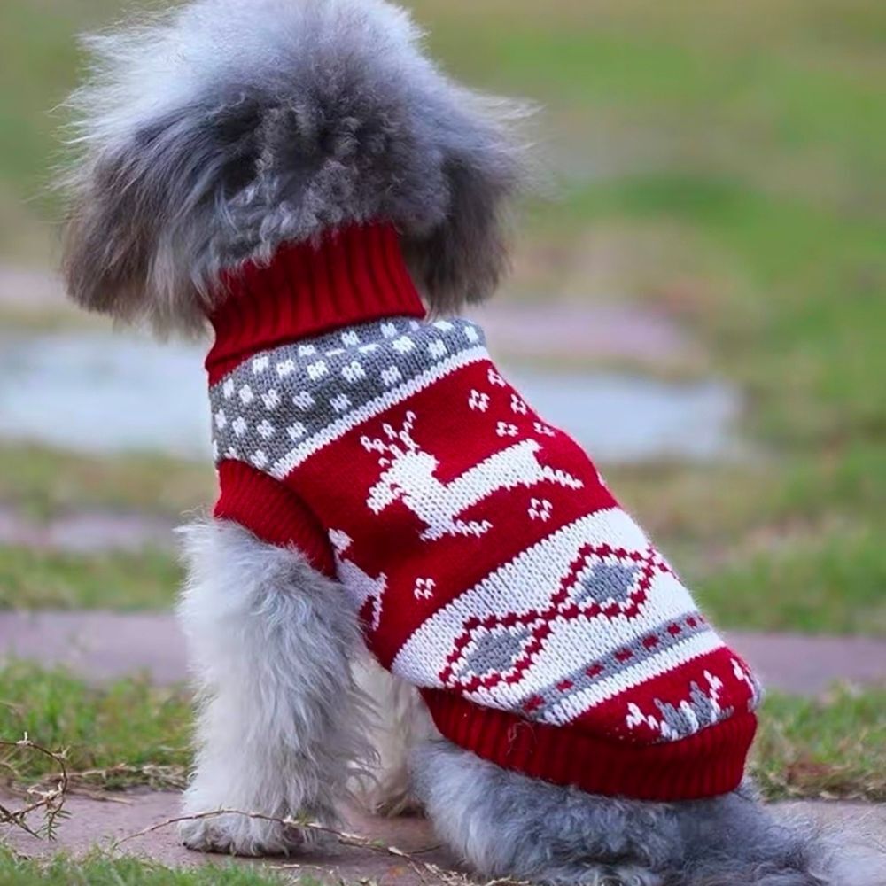 ☔️🔸️Red, Gray, & White Knit Turtleneck Dog & Cat Sweater Med/Large